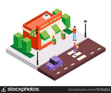 Isometric city buildings background composition with small food store house square trees cars and human characters vector illustration