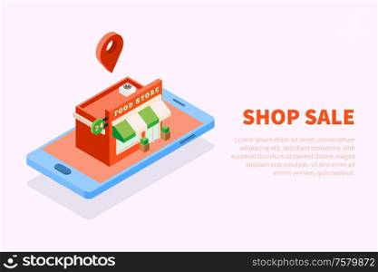 Isometric city buildings background with conceptual image of food store house on top of smartphone screen vector illustration