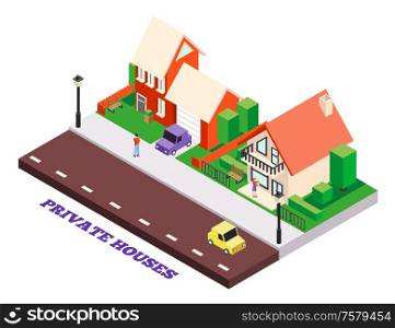 Isometric city buildings background with editable text and private town houses scenery with cars and people vector illustration
