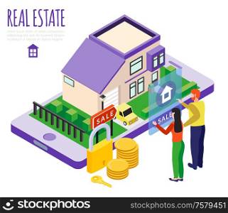 Isometric city buildings real estate composition with conceptual images of private residence people coins and lock vector illustration
