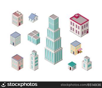 Isometric City Buildings Vector Set. Isometry. Isometric city buildings vector set. Isometry icons of city. Modern architecture, skyscraper exterior, clean city. Home and office buildings. Eco friendly environment. Residential estate cityscape.