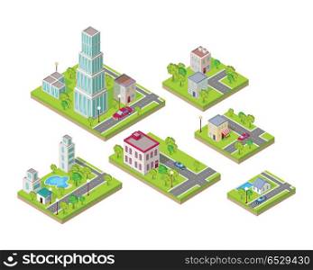 Isometric City Buildings Vector Set. Isometry. Isometric city buildings vector set. Isometry icons of city. Modern architecture, skyscraper exterior, clean city. Home and office buildings. Eco friendly environment. Residential estate cityscape.