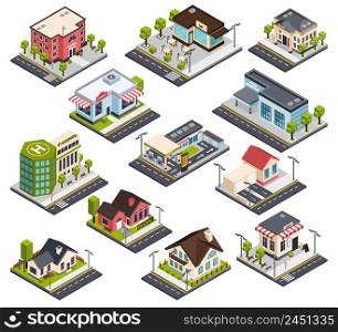 Isometric city buildings with road elements, set with residential houses, hospital, bank, school, police isolated vector illustration . Isometric City Buildings Set
