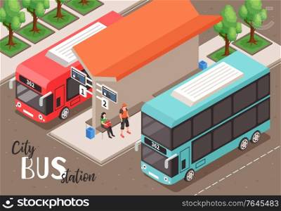 Isometric city bus stop composition with outdoor view of public stop with two platforms and people vector illustration