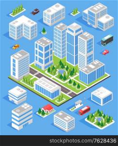 Isometric city composition with with set of town block with isolated images of buildings and transport vector illustration