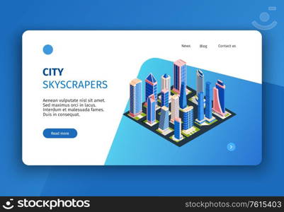 Isometric city concept banner for website landing page with clickable links buttons and tall buildings images vector illustration