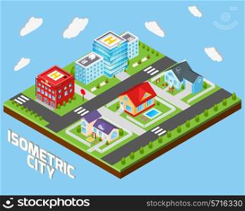 Isometric city concept with private houses and government buildings decorative icons set vector illustration