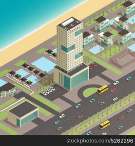 Isometric City Constructor With Luxury Hotel . Isometric south city constructor composition with luxury hotel building and transportation elements vector illustration