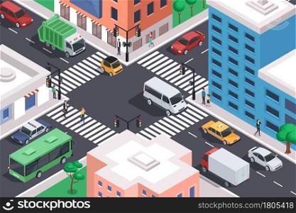 Isometric city crossroad with cars, road intersection traffic jam. Urban downtown street with transport and people vector illustration. Public and private transport in residential area. Isometric city crossroad with cars, road intersection traffic jam. Urban downtown street with transport and people vector illustration