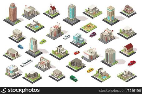 Isometric city elements collection with living and municipal buildings suburban houses children playground transport isolated vector illustration. Isometric City Elements Collection