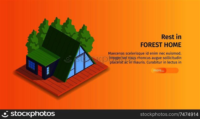 Isometric city horizontal banner with editable text slider button and image of outdoor house for rest vector illustration