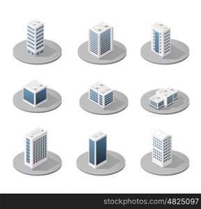 isometric city icons. 3D isometric city icons with houses and skyscrapers in the three-dimensional projection