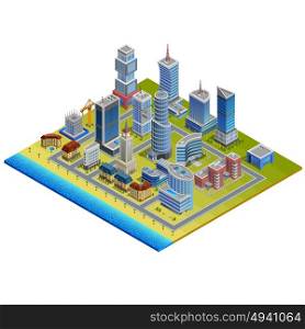 Isometric City Illustration. Isometric city with modern and historic buildings near beach and sea on white background vector illustration