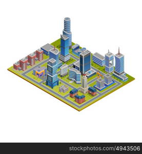 Isometric City Illustration. Isometric cityscape with skyscrapers historic and modern buildings and stores on white background vector illustration