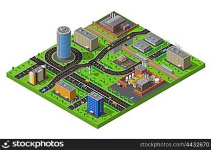 Isometric City Industrial Area Composition Poster . Industrial and residential city district elements isometric composition poster with streets and production facilities abstract vector illustration