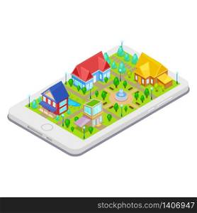 Isometric city infrastructure with houses,trees and fountain on mobile phone