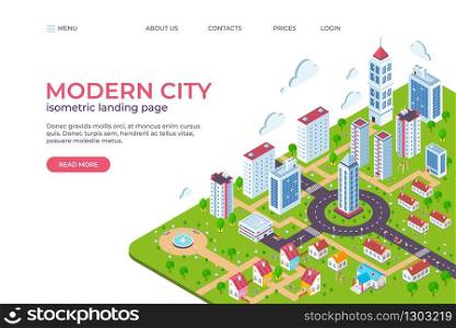 Isometric city landing page. 3D smart city concept with skyscrapers, business centers, streets and cars. Vector illustration web page template, modern smart future town with skyscrapers other building. Isometric city landing page. 3D smart city concept with skyscrapers, business centers, streets and cars. Vector web page template