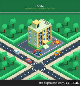 Isometric City Landscape With Apartment House. Top view on isometric city landscape with apartment house children playground crossroad and green park around vector illustration
