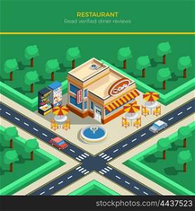 Isometric City Landscape With Restaurant Building. Top view on isometric city landscape with crossroad restaurant building fountain and tables under umbrellas on sidewalk vector illustration