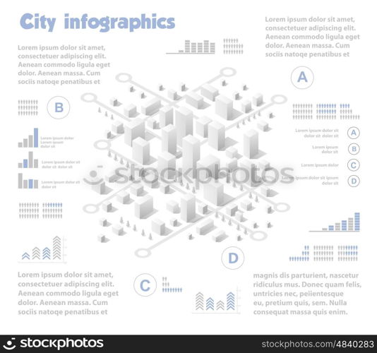 Isometric city map industry infographic set, with transport, architecture, graphic design elements. Urban information concept template with statistical icons, charts, diagrams in flat colors