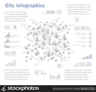 Isometric city map industry infographic set, with transport, architecture, graphic design elements. Urban information concept template with statistical icons, charts, diagrams in flat colors