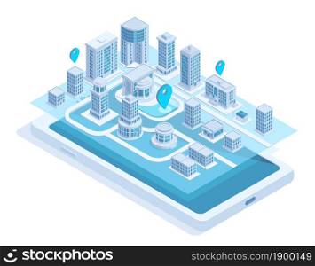 Isometric city map mobile navigation on smartphone screen. Modern smart city navigation mobile app vector illustration. City buildings online navigation. City mobile navigation isometric concept. Isometric city map mobile navigation on smartphone screen. Modern smart city navigation mobile app vector illustration. City buildings online navigation
