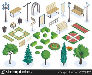 Isometric city park color horizontal set with isolated elements of public square garden on blank background vector illustration
