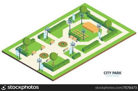 Isometric city park composition with text urban public garden with benches bushes and outdoor performance stage vector illustration