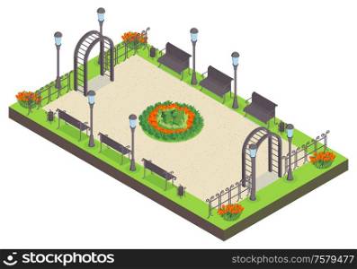 Isometric city park composition with view of public garden with benches flower bed lights and fence vector illustration