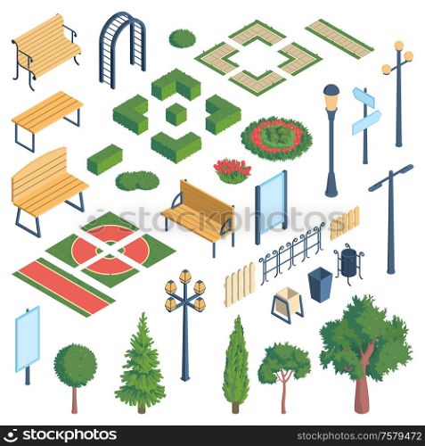 Isometric city park elements set with isolated essential parts images of modern public garden with shadows vector illustration