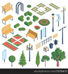 Isometric city park elements set with isolated essential parts images of modern public garden with shadows vector illustration