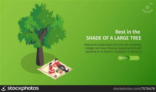 Isometric city park horizontal banner with editable text slider button and couple laying under the tree vector illustration