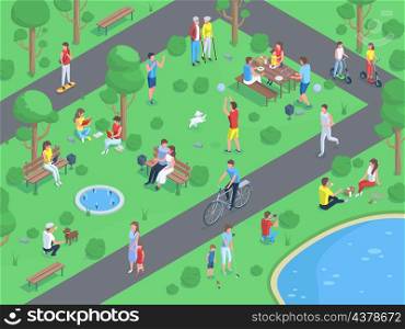 Isometric city park landscape with people doing outdoor activities. Public park summer active recreations vector illustration. People walking, jogging and having picnic. Boys playing volleyball. Isometric city park landscape with people doing outdoor activities. Public park summer active recreations vector illustration. People walking, jogging and having picnic
