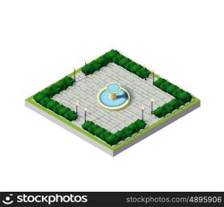 Isometric City Park with Fountain. Architectural garden. Urban infrastructure and town objects. Isometric City Park
