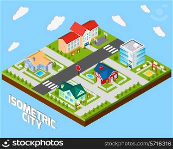 Isometric city project with police office and private family houses 3d vector illustration