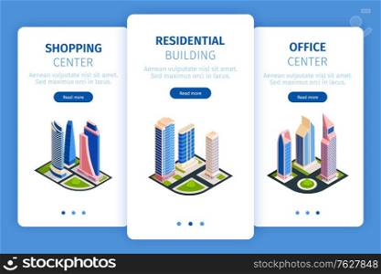 Isometric city skyscrapers banners set with images of city blocks high buildings and buttons with text vector illustration
