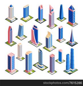 Isometric city skyscrapers set with isolated images of modern urban architecture tall buildings on blank background vector illustration