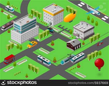 Isometric city street view with public transport symbols vector illustration. Isometric City Street