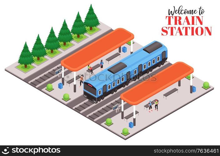 Isometric city train station with text and view of train platforms with car and waiting passengers vector illustration