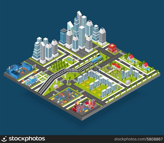Isometric city with 3d houses manufacture office and store building blocks vector illustration. Isometric City Illustration