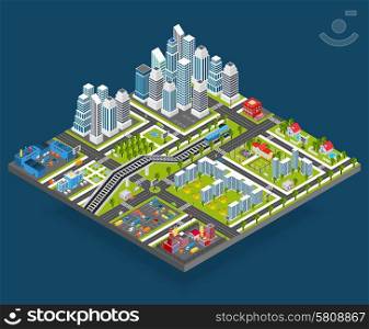 Isometric city with 3d houses manufacture office and store building blocks vector illustration. Isometric City Illustration