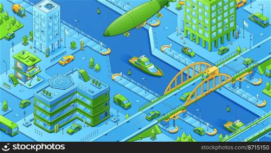 Isometric cityscape, city map with buildings, transport on streets, bridges over river and flying airship. Vector illustration of urban infrastructure, town district with houses, roads, cars. Isometric cityscape with buildings, transport