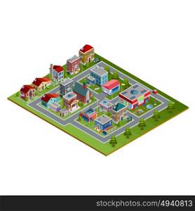 isometric Cityscape Illustration. Isometric cityscape with low-rise houses historic buildings church stores and fir trees along roads on white background vector illustration
