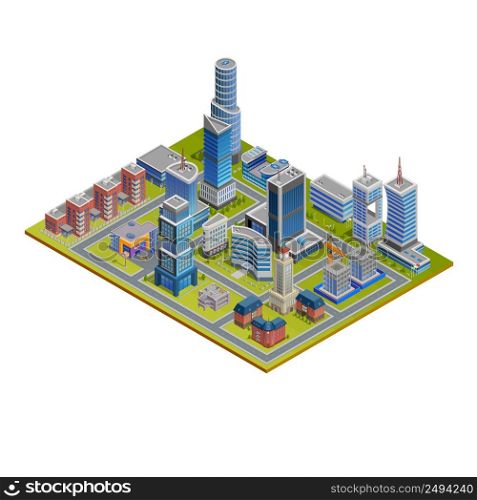 Isometric cityscape with skyscrapers historic and modern buildings and stores on white background vector illustration . Isometric City Illustration