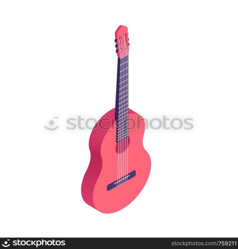 Isometric classical acoustic guitar isolated on white background. Vector cartoon illustration of musical string instrument - acoustic guitar.. Isometric guitar isolated on white background.