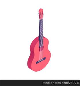 Isometric classical acoustic guitar isolated on white background. Vector cartoon illustration of musical string instrument - acoustic guitar.. Isometric guitar isolated on white background.