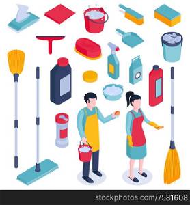 Isometric cleaning housework set with isolated images of detergents in plastic packages various equipment and people vector illustration