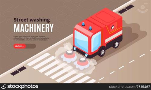 Isometric cleaning road horizontal banner with street background and vehicle clearing asphalt surface with editable text vector illustration