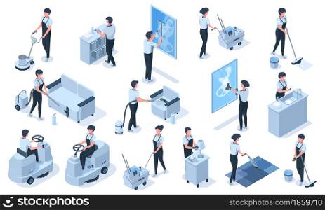 Isometric cleaning service professional workers characters. Cleaning service vacuum, clean furniture, wash windows vector illustration set. Professional cleaning employees uniform, clean window. Isometric cleaning service professional workers characters. Cleaning service vacuum, clean furniture, wash windows vector illustration set. Professional cleaning employees