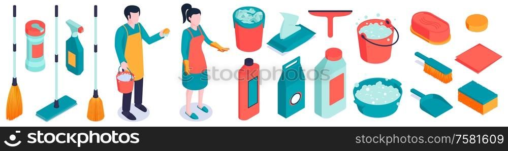 Isometric cleaning set of isolated human characters and pieces of cleaning equipment with detergents and foam vector illustration